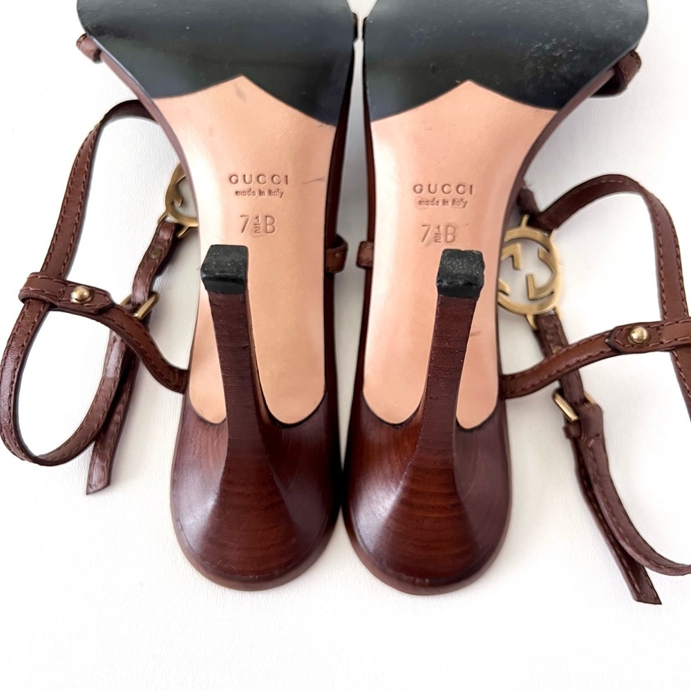 GUCCI | GG Logo Brown Leather Strappy Heels Sandals Size 7.5 - Picture 16 of 16